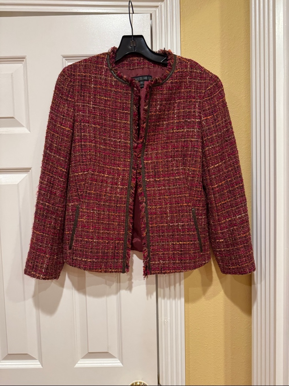 Lafayette 148 - Burgundy Tweed Fringed Jacket with brown leather trim  - size 6